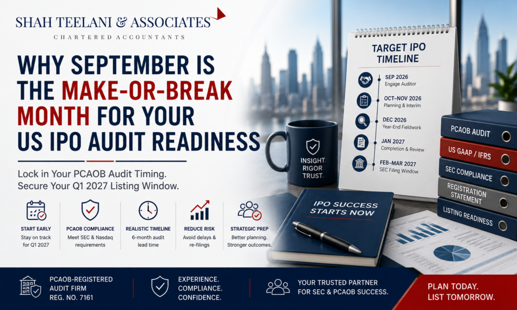 September IPO audit readiness — PCAOB audit timeline for Q1 2027 Nasdaq listing — Shah Teelani & Associates